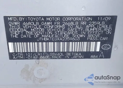 2010 Lexus Es 350 from USA, damaged, VIN JTHBK1EGXA2359603